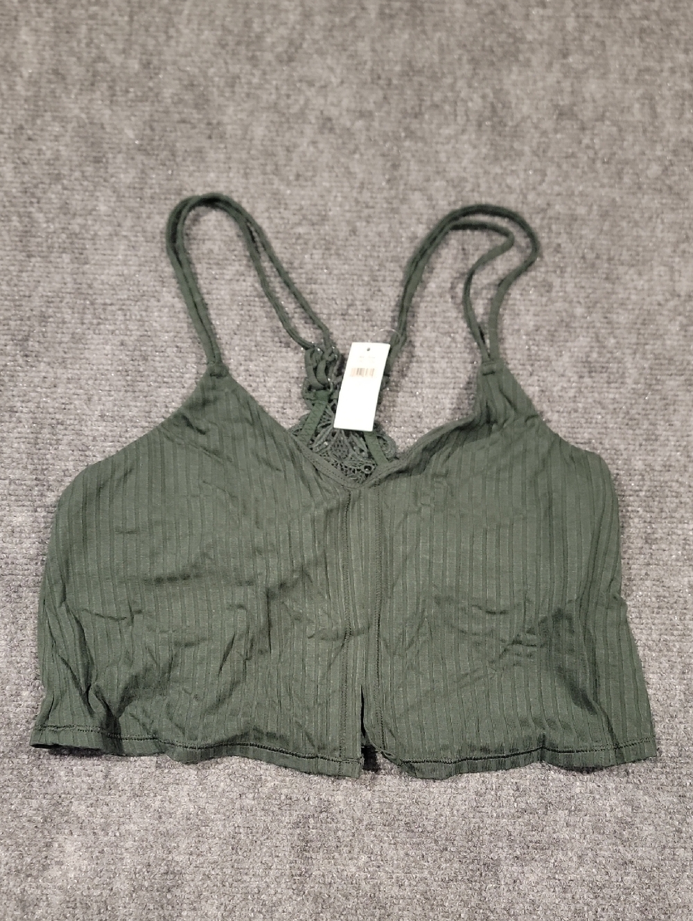 Aerie Olive Green Ribbed Lace-Back Cami Crop Top With Built In Bra Small NWT